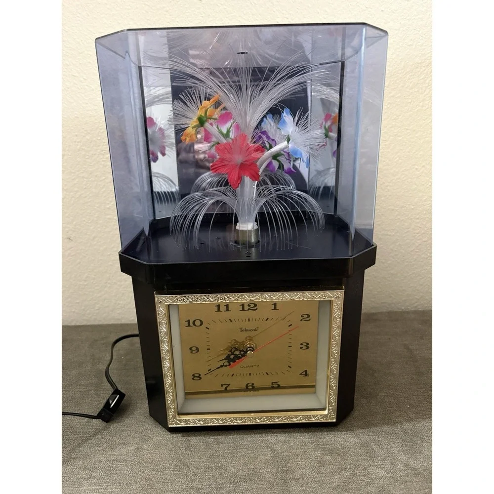 Vintage Telesonic Optic Lights and Quartz Clock with Fiber Optic Rotating Flower